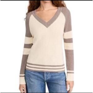Faherty Varsity Retro Throwback Cashmere Blend Cream Grey V Neck Sweater XS